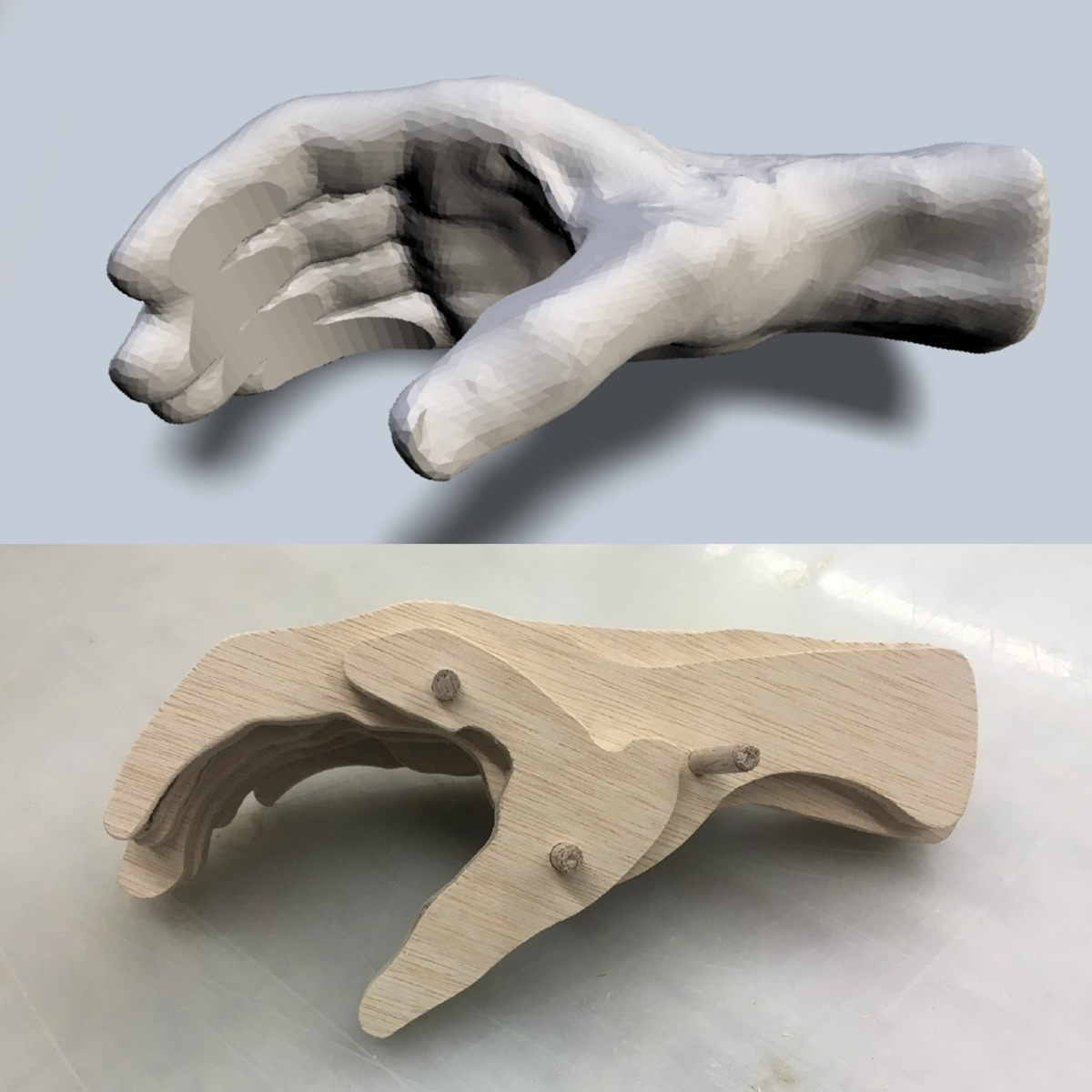 3D scan of a hand, and a wooden hand CNC'd from the model.